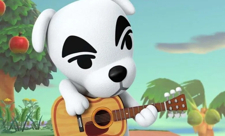 K.K. Slider from Animal Crossing playing an acoustic guitar outdoors.