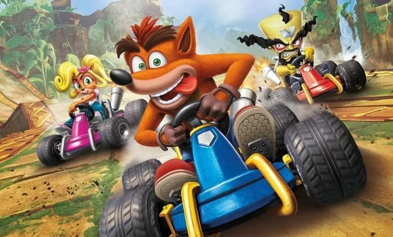 Crash Bandicoot, Coco Bandicoot, and Dr. Neo Cortex racing karts on a jungle track.