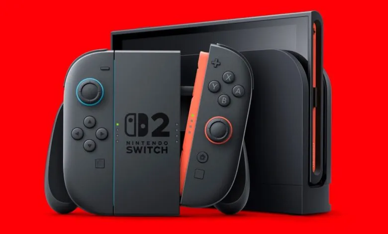 Close-up of a Nintendo Switch console with neon red and blue Joy-Con controllers.