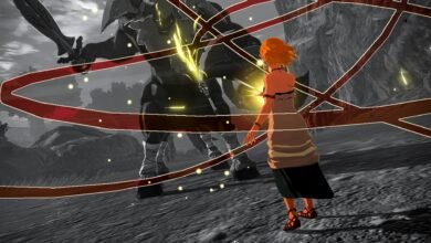 A woman with orange hair faces a giant armored robot wielding a glowing sword.