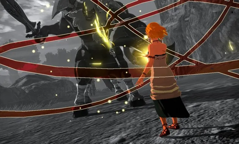 A woman with orange hair faces a giant armored robot wielding a glowing sword.