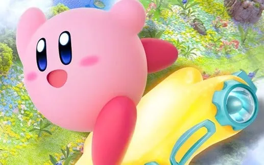 Pink character Kirby holding a yellow water gun in a colorful, grassy landscape.