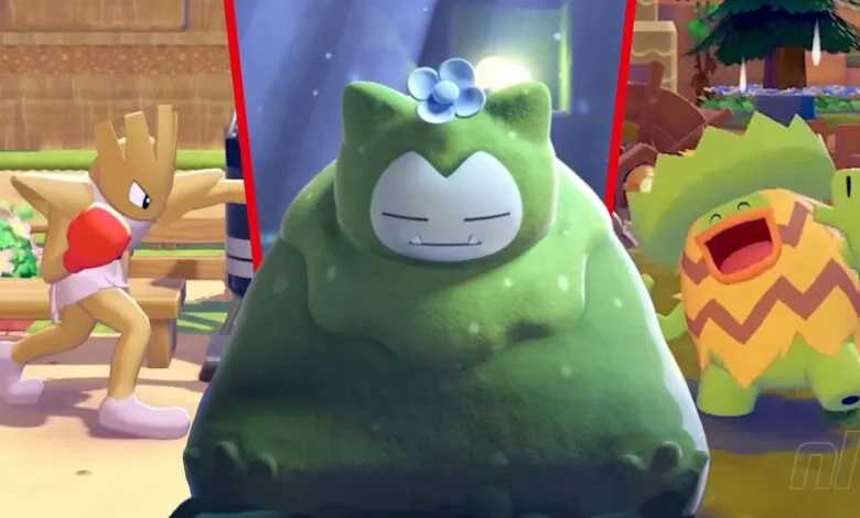 Three Pokémon characters: a boxing Hitmonchan, a sleeping Snorlax covered in moss, and a cheerful Torkoal.