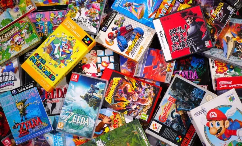 A colorful pile of classic Nintendo video game cases and cartridges.