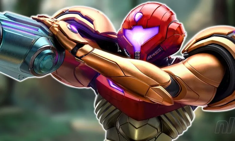 Samus Aran in her Power Suit aiming a cannon, with purple energy glowing.