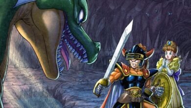 A knight in armor faces a large green dragon while a princess looks on in fear.