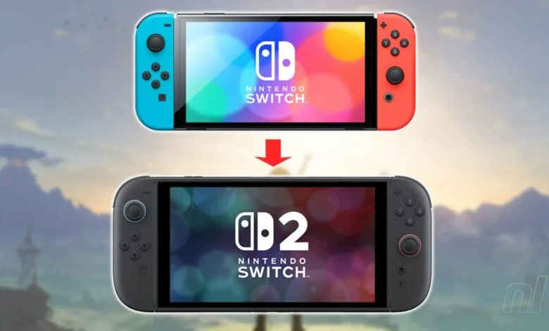 Comparison of Nintendo Switch and Nintendo Switch 2 consoles with logos.