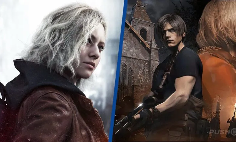 Split image showing Ashley Graham and Leon S. Kennedy from Resident Evil 4 Remake.
