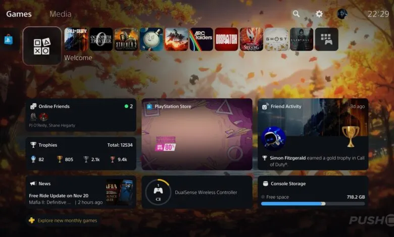 PlayStation 5 home screen displaying game icons, friend activity, and store promotions.