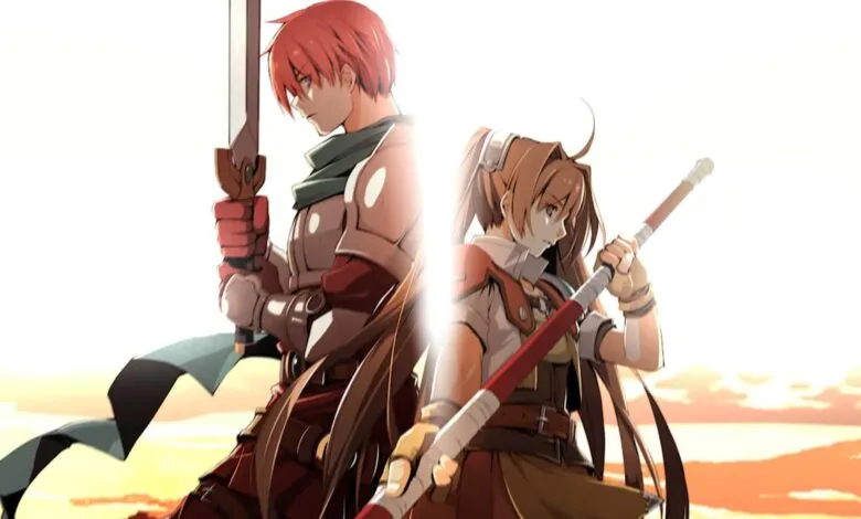 Anime characters, a male warrior with red hair and a female warrior with brown hair, stand back-to-back.