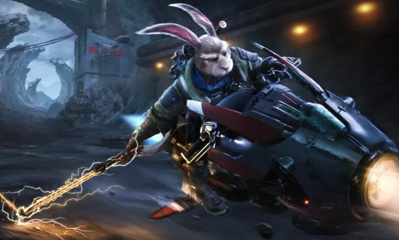 Anthropomorphic rabbit character riding a futuristic motorcycle, wielding a glowing energy weapon.