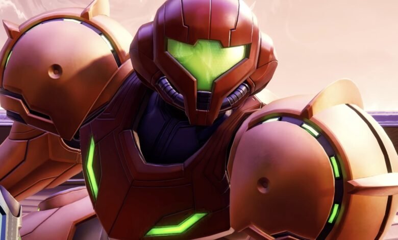 Close-up of Samus Aran in her iconic Varia Suit, green visor glowing.