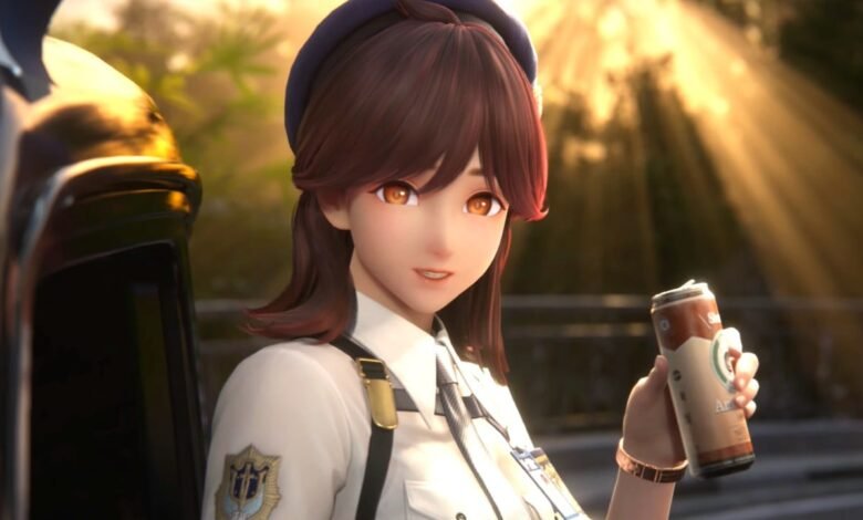 Animated woman in uniform holds a drink with sunlight streaming behind her.