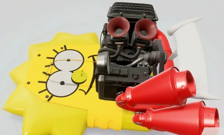 Spongebob-themed vehicle with engine, horns, and spoiler on a white background.