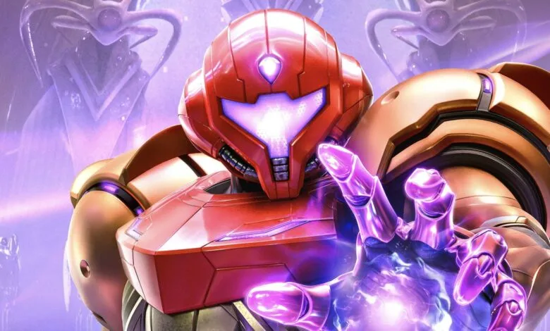 Samus Aran in Varia Suit, hand glowing with purple energy.
