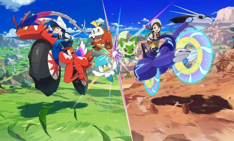 Pokemon Scarlet and Violet cover art featuring characters and legendary Pokemon.