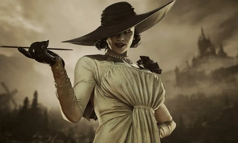 A woman in a wide-brimmed hat and elegant dress holds a cigarette holder.