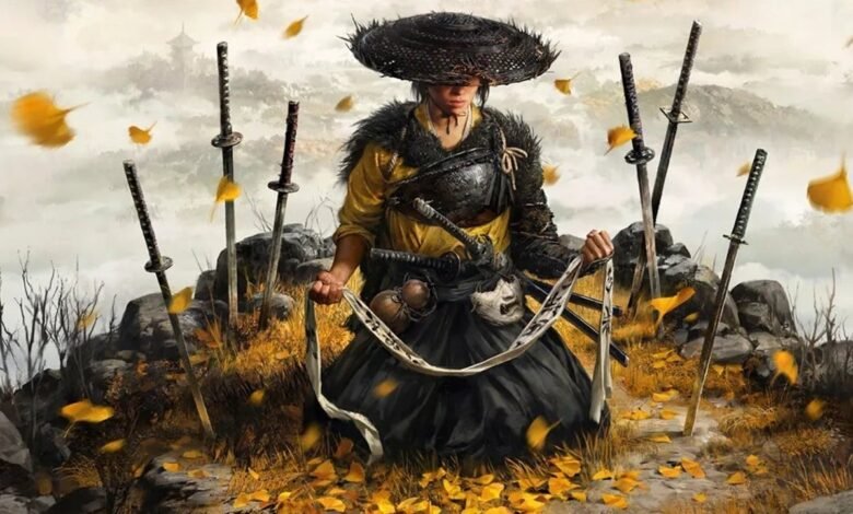 Samurai warrior in traditional attire surrounded by swords.