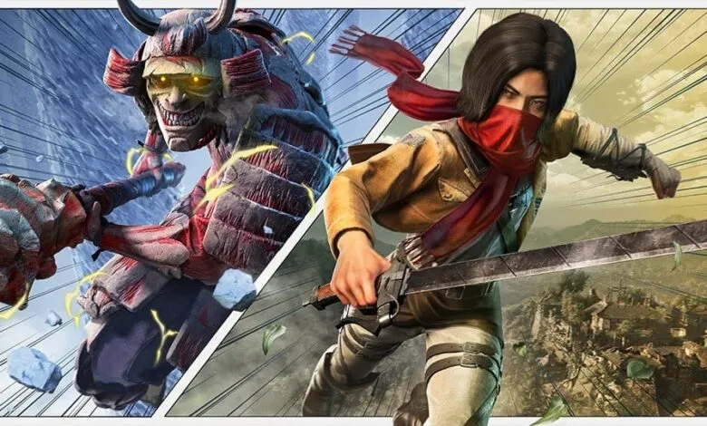 Split image featuring Mikasa Ackerman and Armored Titan from Attack on Titan.