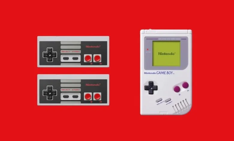 Nintendo Game Boy and two NES controllers on a red background.