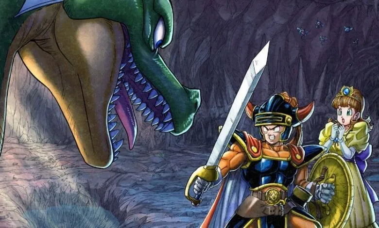 A knight in armor faces a large green dragon while a princess looks on in fear.