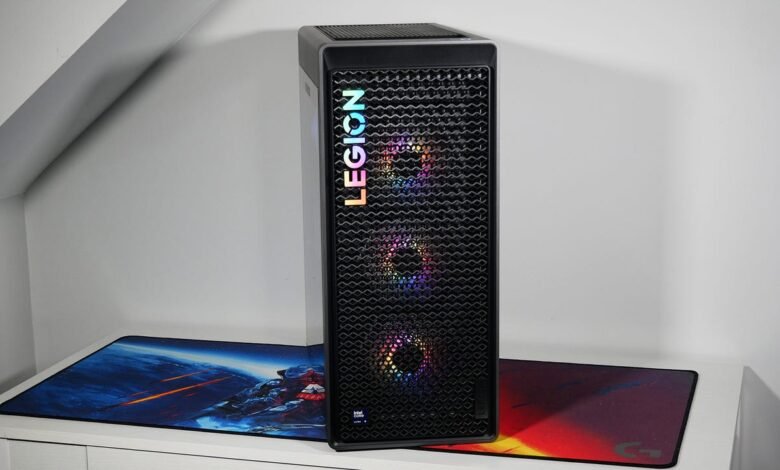 Lenovo Legion Tower 7i gaming PC with RGB lighting and Intel Core i9 badge.