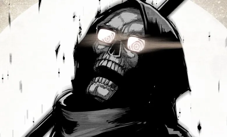 Stylized black and white illustration of a hooded skull with glowing spiral eyes.