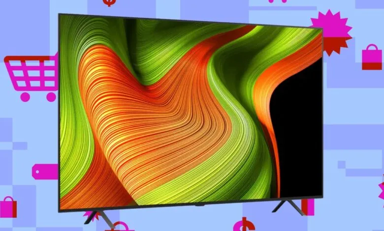 Modern television displaying a vibrant, abstract wave pattern in orange and green.