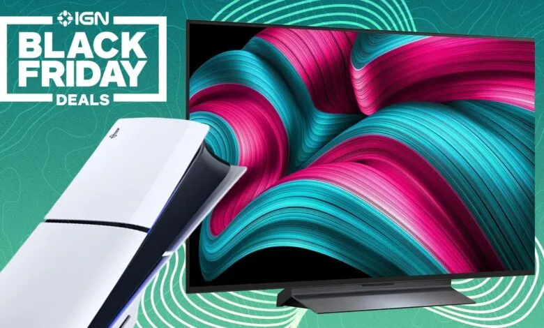 Black Friday deals featuring a PlayStation 5 and a large screen TV.