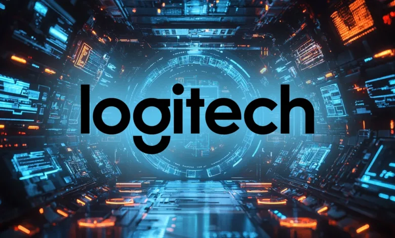 Logitech logo displayed on a futuristic digital interface with blue and orange lights.