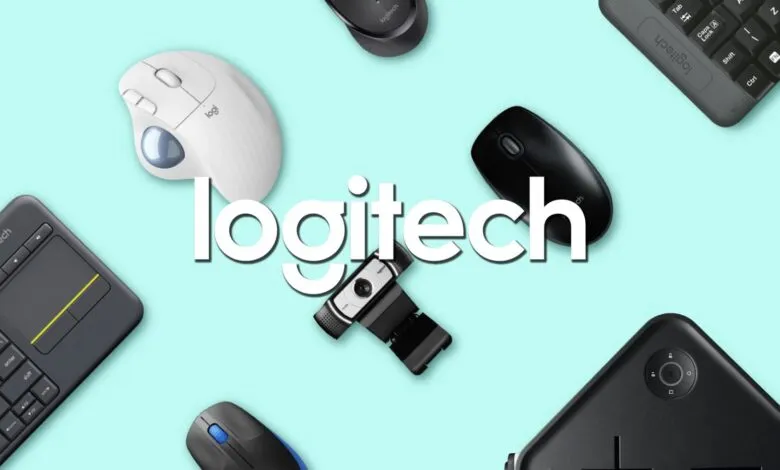 Logitech computer peripherals including mice, keyboard, webcam, and speaker arranged on a teal background.
