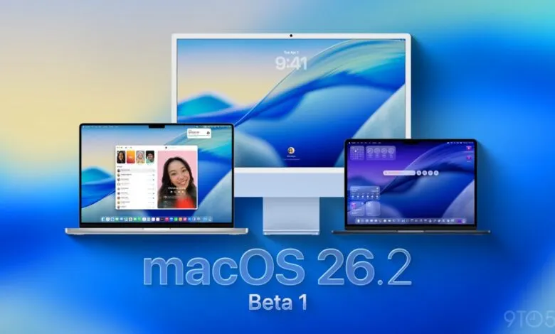 Three Apple devices displaying macOS 26.2 Beta 1 interface with abstract blue wallpapers.