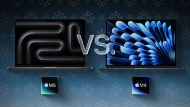 MacBook M5 vs M4 comparison with abstract screen displays.