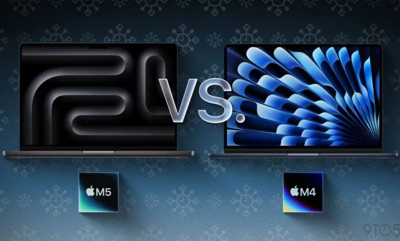 MacBook M5 vs M4 comparison with abstract screen displays.