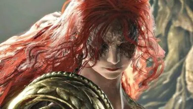 Close-up of Malenia, Blade of Miquella, from Elden Ring, with red hair and golden armor.
