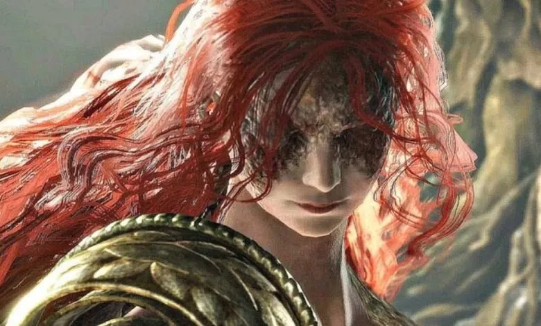 Close-up of Malenia, Blade of Miquella, from Elden Ring, with red hair and golden armor.
