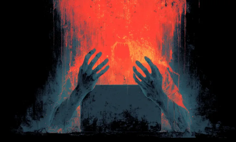 Two ghostly blue hands reach out from darkness towards a glowing red screen with a monstrous face.