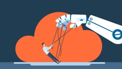 A robot hand controls a businessman like a puppet against an orange cloud background.