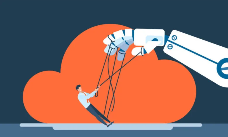 A robot hand controls a businessman like a puppet against an orange cloud background.