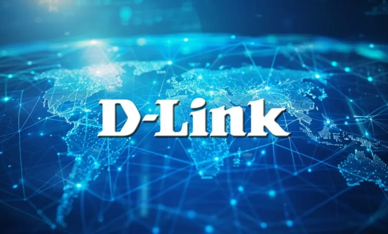 D-Link logo superimposed on a glowing blue digital world map with network connections.