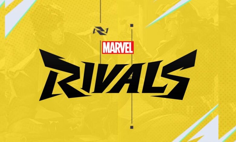 Marvel Rivals game logo with stylized text on a yellow background.
