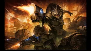 A Krogan warrior fires a weapon amidst a chaotic battle, with other Krogan soldiers in the background.