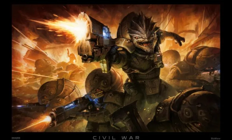A Krogan warrior fires a weapon amidst a chaotic battle, with other Krogan soldiers in the background.