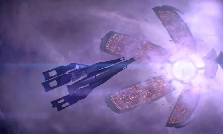 A sleek, dark spaceship approaches a massive, ring-shaped space station with glowing orange lights.