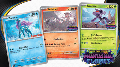 Three Pokemon trading cards: Suicune, Reshiram, and Genesect from the Phantasmal Flames set.