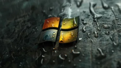 The Windows logo with water droplets and rain falling.