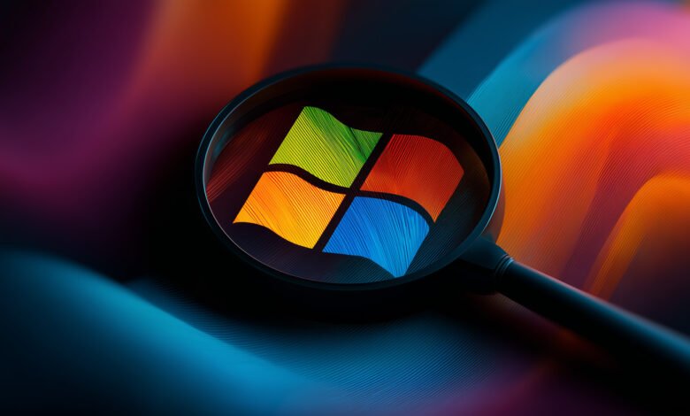 Magnifying glass focusing on the colorful Windows logo against a vibrant, abstract background.