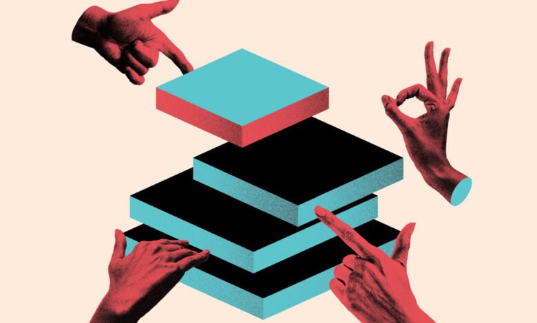 Red hands interacting with stacked geometric shapes in blue and black.