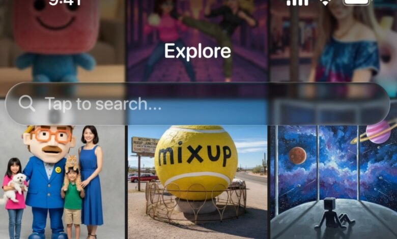 A phone screen displaying an 'Explore' page with a search bar and various image thumbnails.