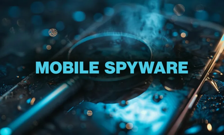 Text overlay reads 'MOBILE SPYWARE' on a dark, abstract background with bokeh lights.
